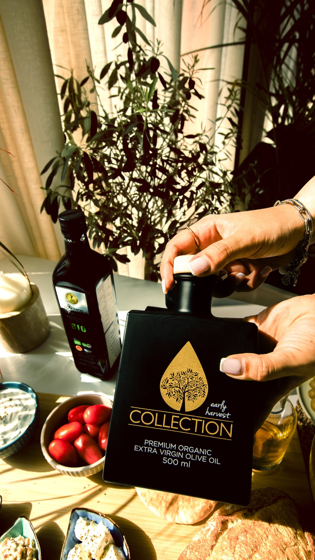Olive oil being poured over a finished dish